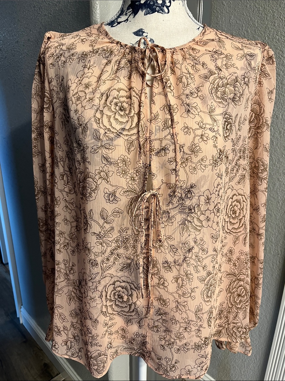 LOFT Blush Floral Tie-Neck Blouse